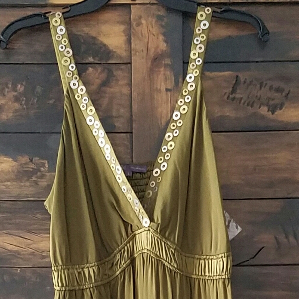 NWT Hale Bob Olive Green Gold Goddess 100% silk sequin vneck dress sz Large
